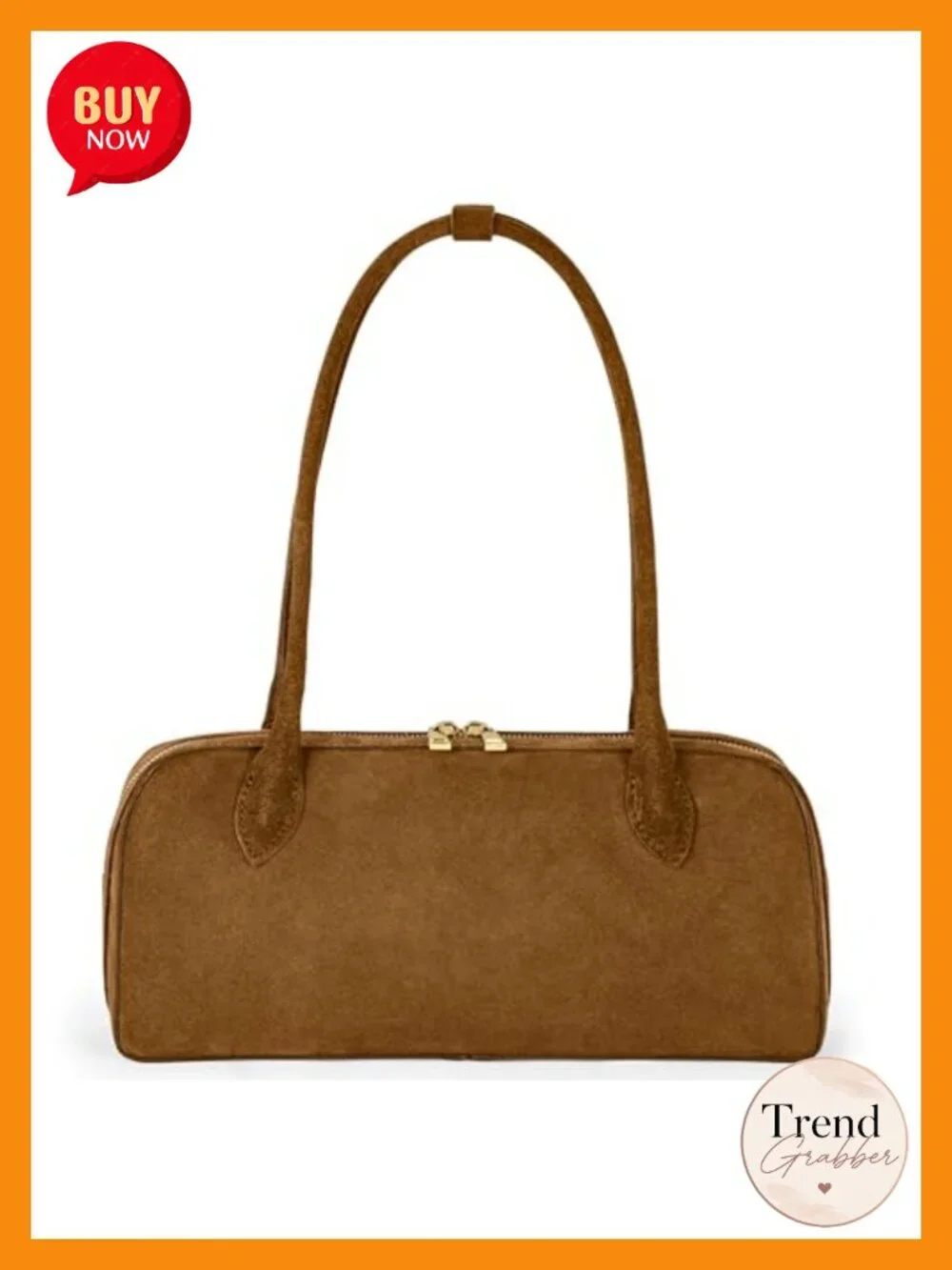 Genuine Suede Shoulder Bag with Long Handles & Zip Top Compact Rectangular Purse
